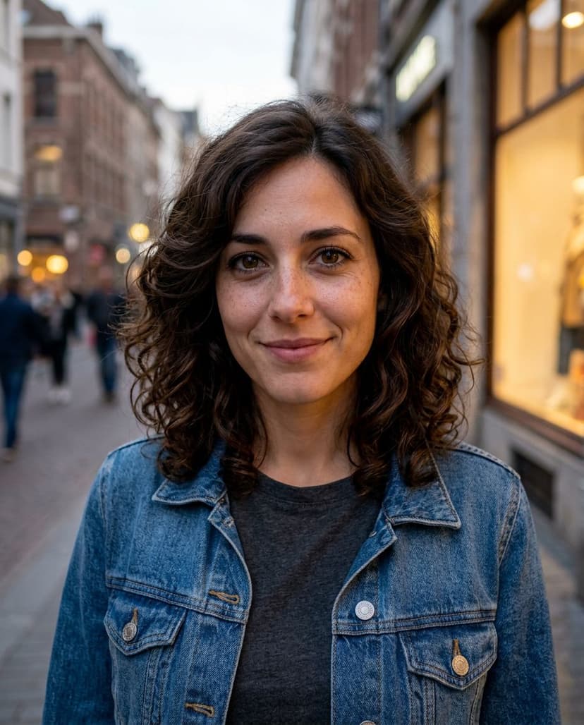 Generiertes Profilbild derselben Person mit Jeansjacke und dunklem Shirt in einer Stadtstraße am Abend.