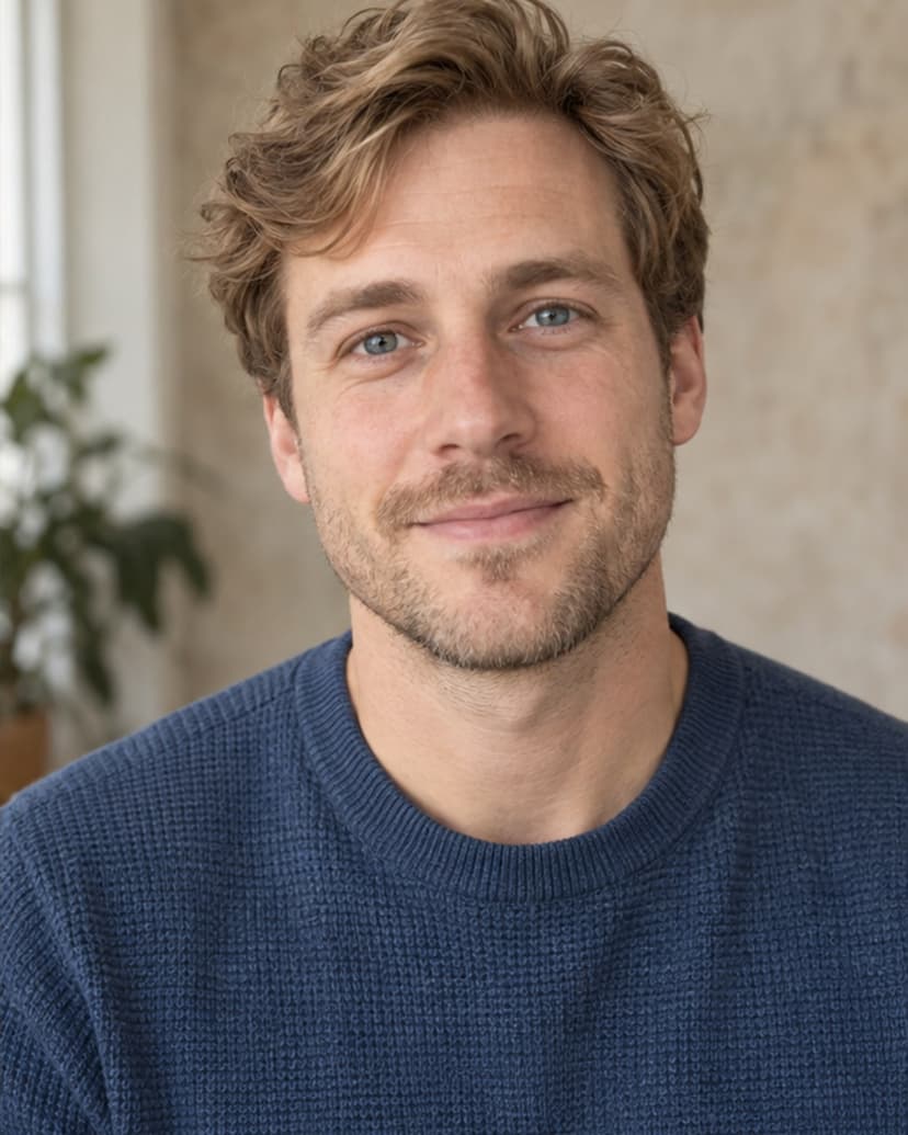 Gedämpft blauer Strick und Fensterlicht bleiben auch als kleines Profilbild klar.