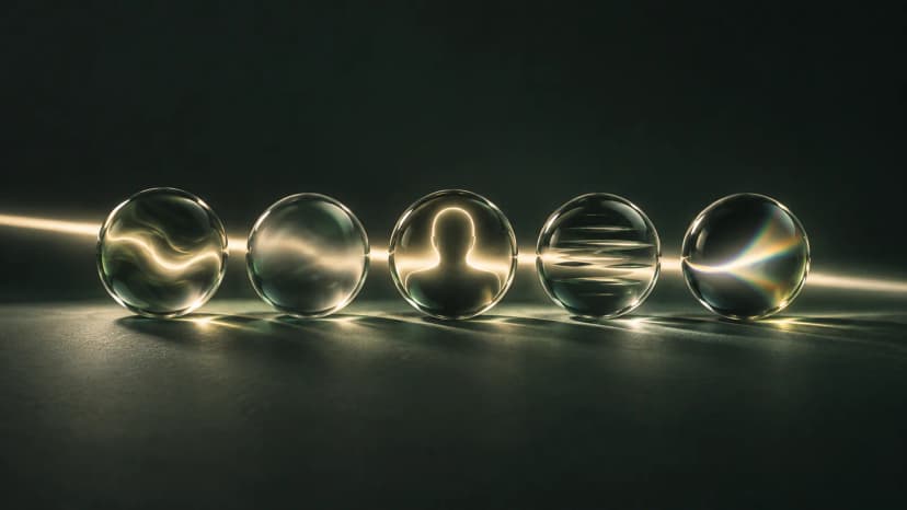 A row of glass lenses refracting a single light streak, suggesting a comparison of AI tools.