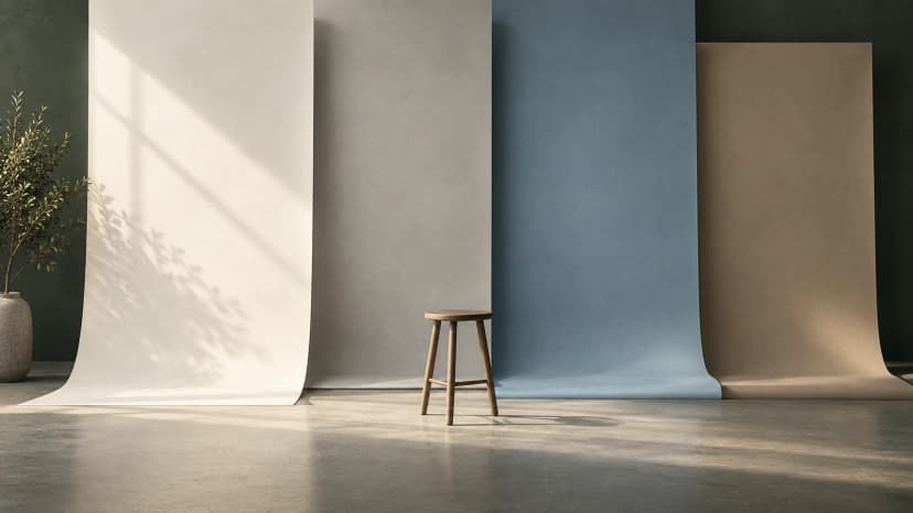 Studiohintergründe in Grau, Cremeweiß, Blau und Taupe bei weichem Licht.