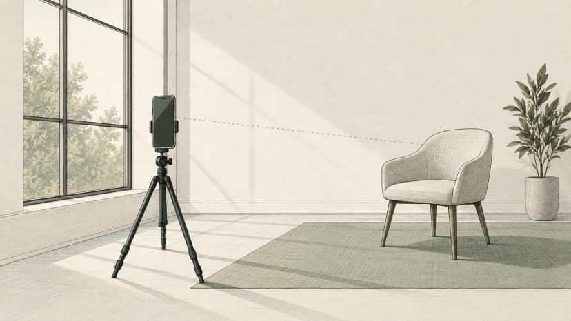 Ilustración de un móvil sobre un trípode pequeño frente a una ventana con luz natural suave.
