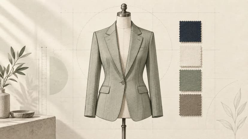 Blazer y cuello sobre un maniquí de sastre junto a una muestra de colores discretos.