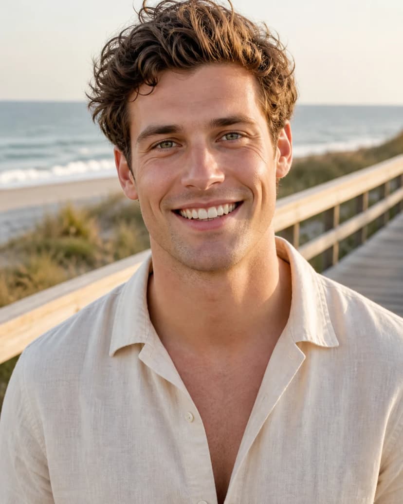 Dating profile picture idea: coastal boardwalk backdrop