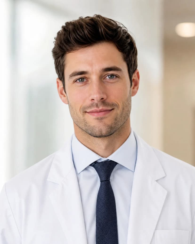 Bata blanca sobre camisa y corbata, ejemplo de Retratos para profesionales sanitarios