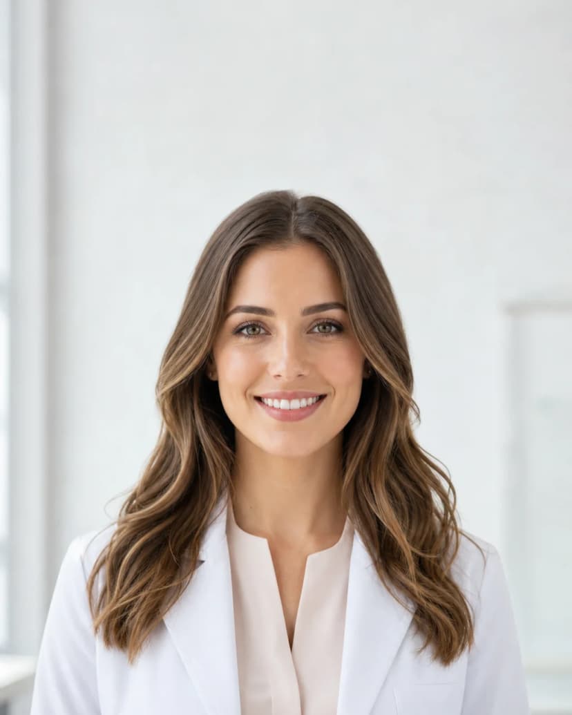 Bata blanca sobre blusa, ejemplo de Retratos para profesionales sanitarios
