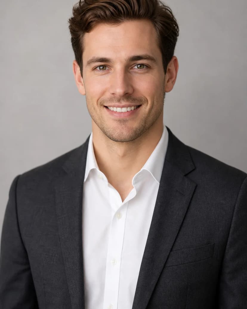 Charcoal blazer, white shirt, LinkedIn Headshots example