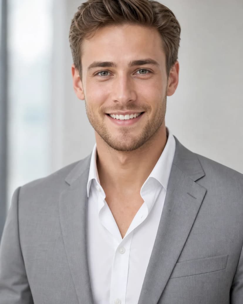 Light grey suit, no tie, LinkedIn Headshots example