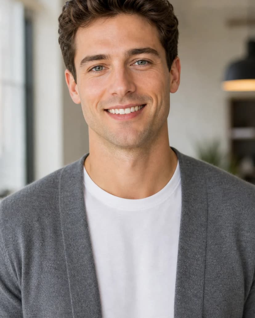 Beispiel für outfit im Paket LinkedIn-Profilbilder: Merino-Cardigan über T-Shirt