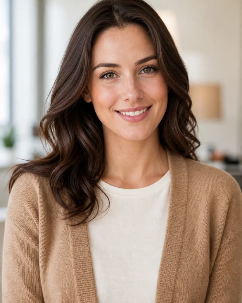 Merino cardigan over tee, LinkedIn Headshots example