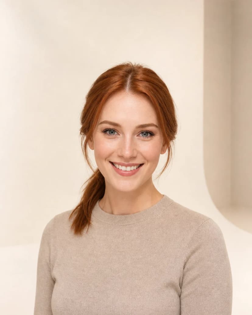 Porträt einer Frau vor einem warmweißen, nahtlosen Studiohintergrund.