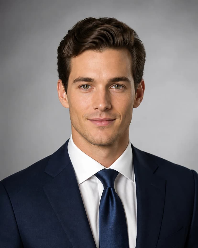 Beispiel für outfit im Paket Business Portraits: Dunkelblauer Anzug mit Seidenkrawatte