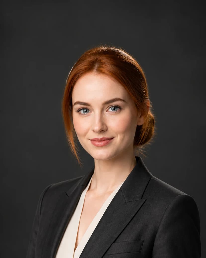 Frau in Business-Kleidung vor einem nahtlosen anthrazitfarbenen Hintergrund.