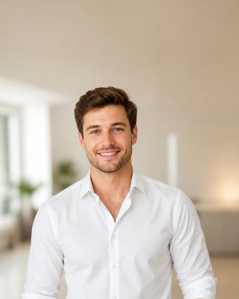 Retrato de agente inmobiliario: camisa blanca con mangas remangadas, idea de Vestuario
